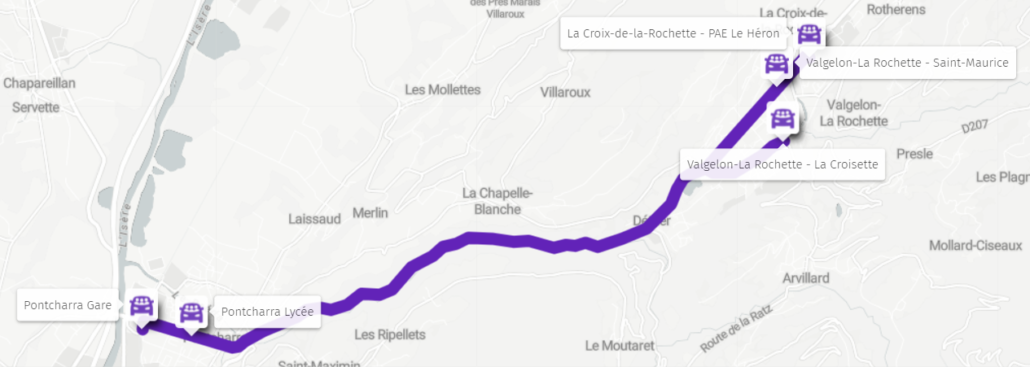 La carte de la ligne de covoiturage sans réservation onCovoit' en Cœur de Savoie.